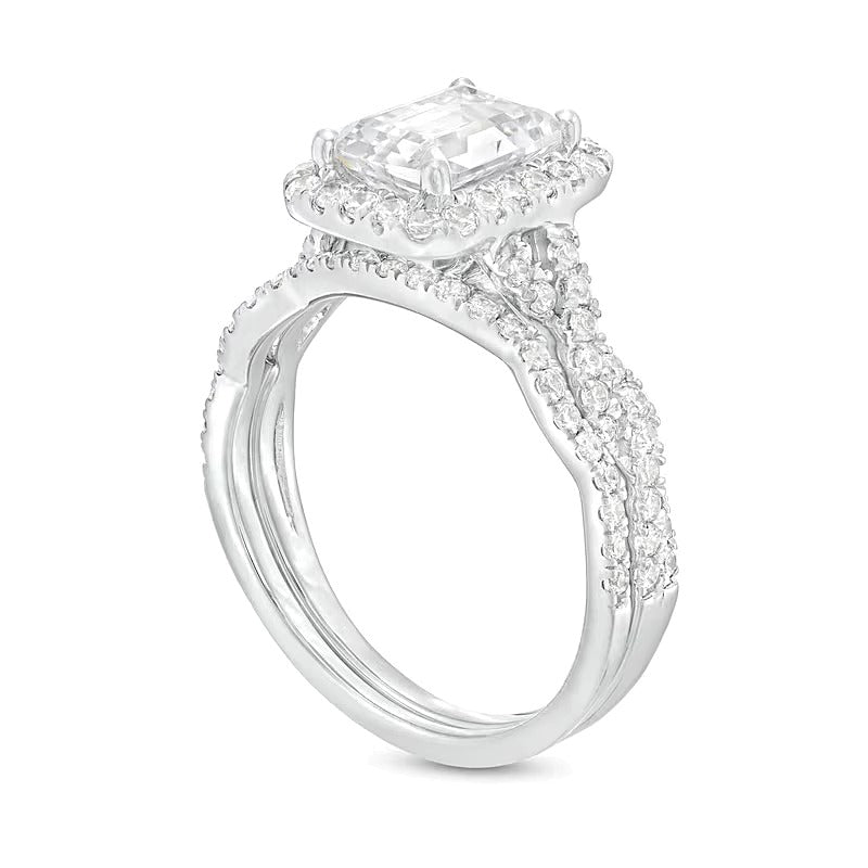 2.63 CT. TW Emerald-Cut Lab-Grown Diamond Frame Twist Shank Bridal Set in 14K White Gold (I/SI2)