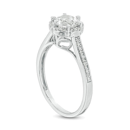 6.0mm Lab-Created White Sapphire and 0.1 CT. TW Diamond Frame Engagement Ring in 10K White Gold