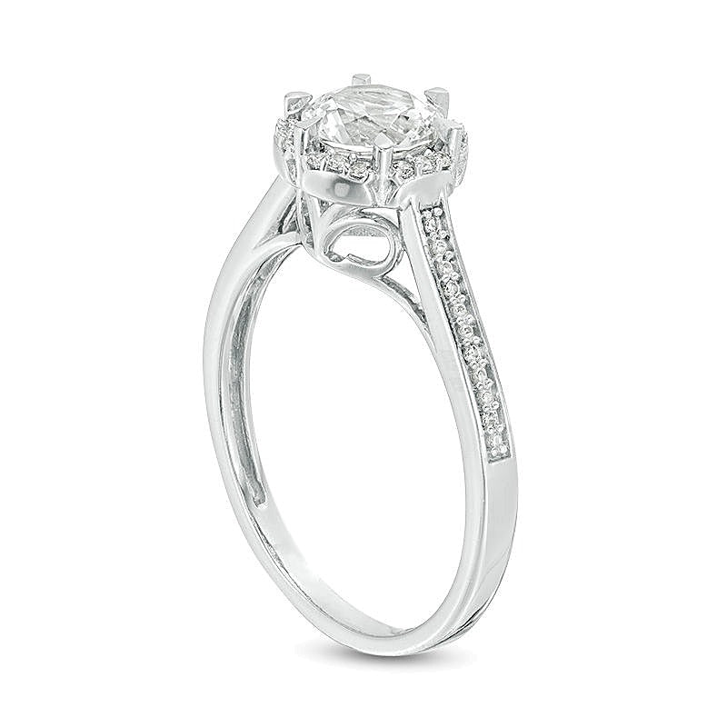 6.0mm Lab-Created White Sapphire and 0.1 CT. TW Diamond Frame Engagement Ring in 10K White Gold