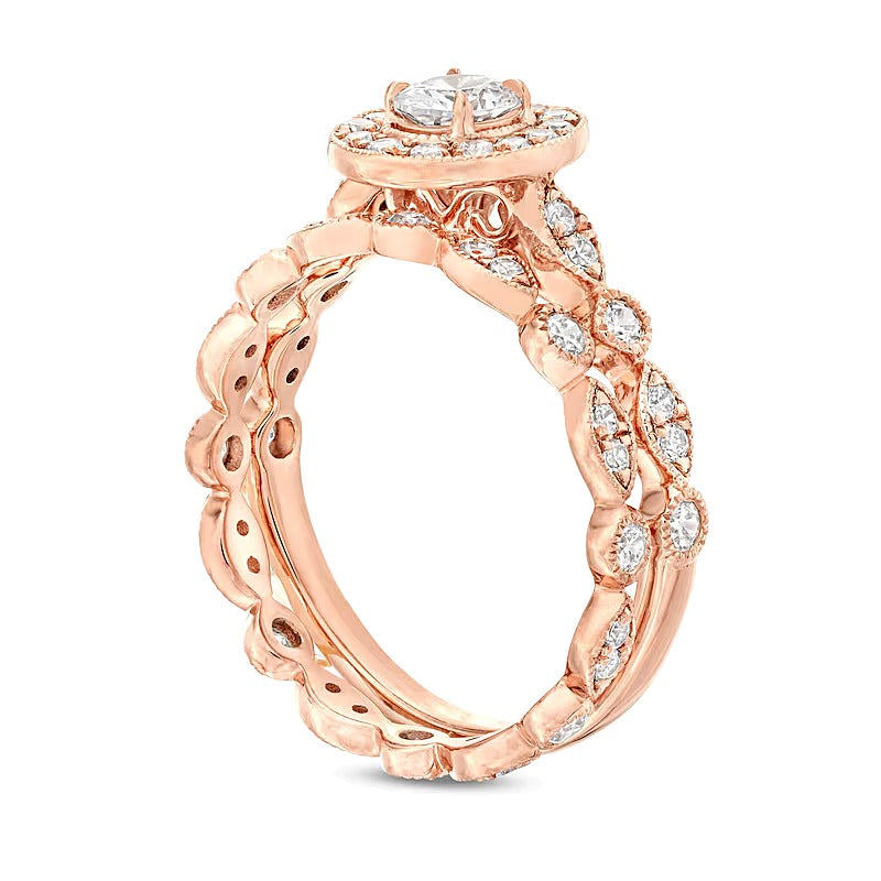 1.0 CT. TW Oval Diamond Frame Vintage-Style Art Deco Shank Bridal Set in 14K Rose Gold