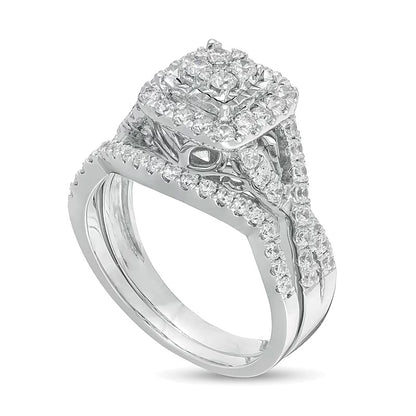 1.0 CT. TW Composite Diamond Cushion Frame Twist Shank Bridal Set in 10K White Gold