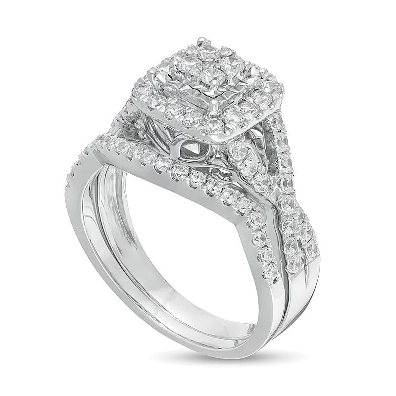 1.0 CT. TW Composite Diamond Cushion Frame Twist Shank Bridal Set in 10K White Gold