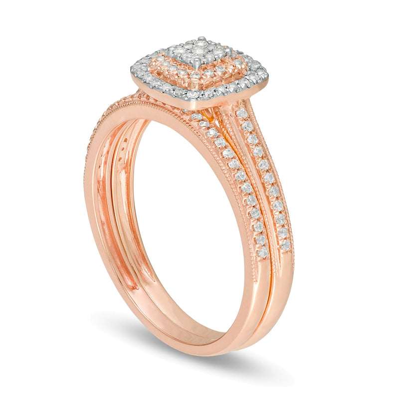 0.33 CT. TW Composite Diamond Double Cushion Frame Vintage-Style Bridal Set in 10K Rose Gold