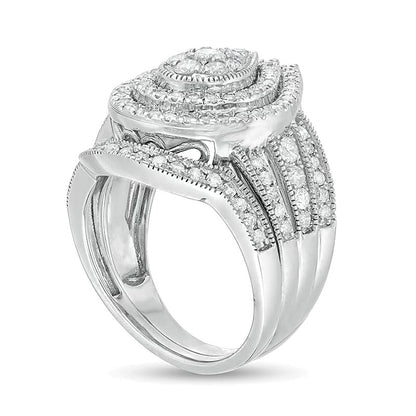 1.25 CT. TW Pear-Shaped Multi-Diamond Frame Multi-Row Vintage-Style Bridal Set in 10K White Gold