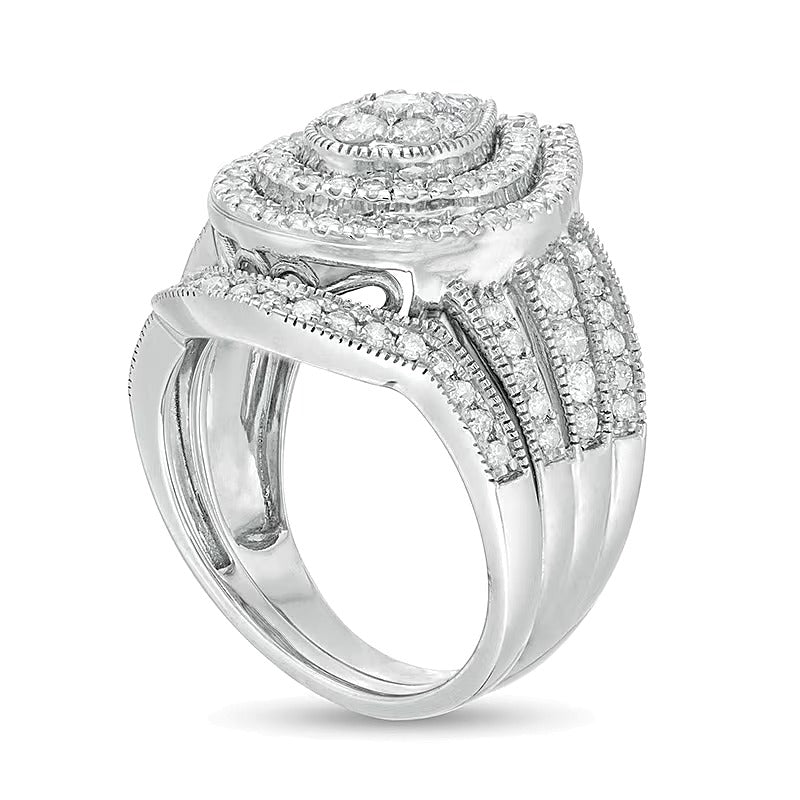 1.25 CT. TW Pear-Shaped Multi-Diamond Frame Multi-Row Vintage-Style Bridal Set in 10K White Gold