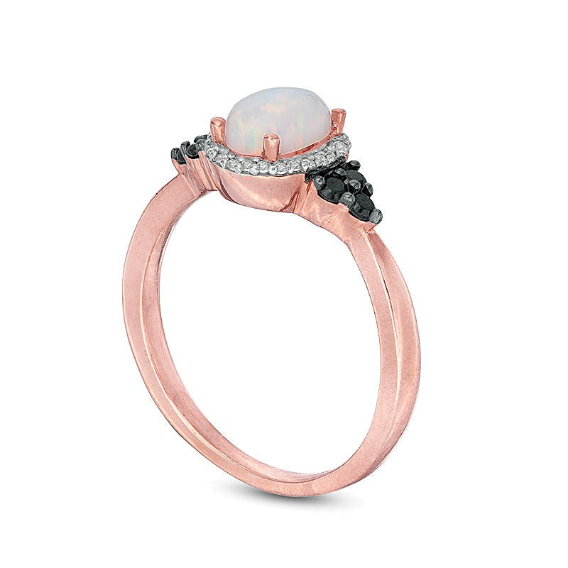 Oval Lab-Created Opal and 0.17 CT. TW Enhanced Black and White Diamond Frame Tri-Sides Ring in 10K Rose Gold