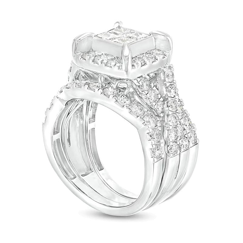 3.0 CT. TW Quad Princess-Cut Diamond Frame Twist Shank Three Piece Bridal Set in 14K White Gold