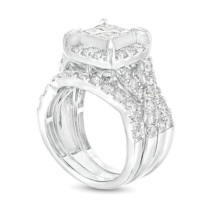 3.0 CT. TW Quad Princess-Cut Diamond Frame Twist Shank Three Piece Bridal Set in 14K White Gold