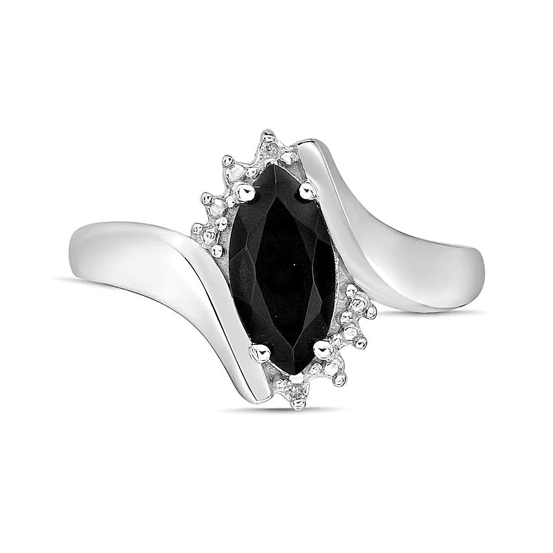 Marquise Black Onyx and Diamond Accent Beaded Starburst Border Bypass Ring in 10K White Gold