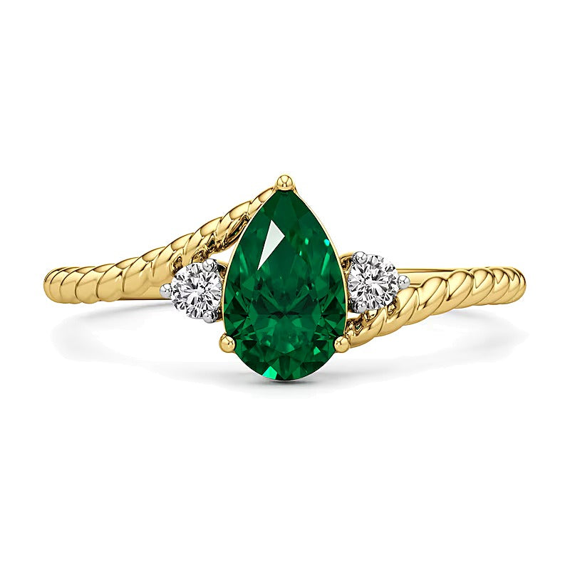 Pear-Shaped Lab-Created Emerald and White Lab-Created Sapphire Three Stone Bypass Shank Ring in 10K Gold