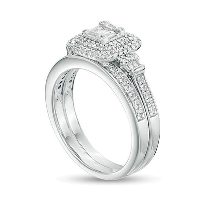 0.5 CT. TW Composite Diamond Double Cushion Frame Collar Bridal Set in 10K White Gold
