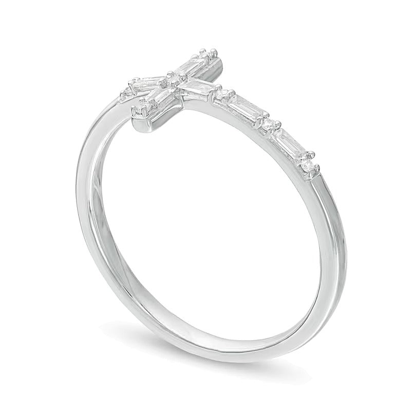 0.17 CT. TW Baguette and Round Diamond Sideways Cross Ring in 10K White Gold