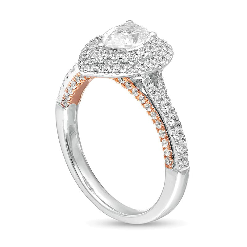 1.38 CT. TW Pear-Shaped Diamond Double Frame Vintage-Style Engagement Ring in 14K Two-Tone Gold