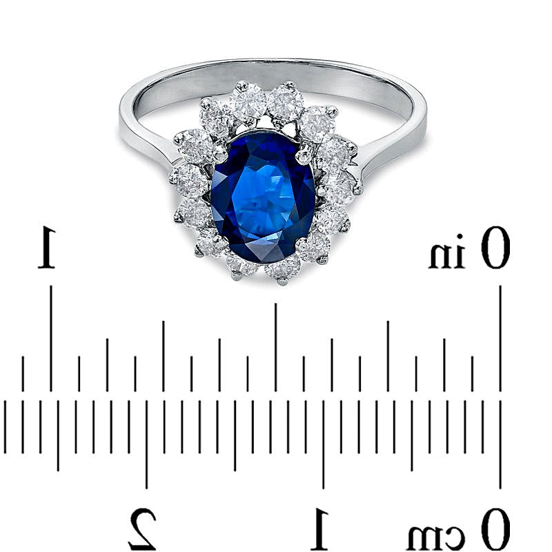 Oval Blue Sapphire and 0.38 CT. TW Diamond Shadow Frame Engagement Ring in 14K White Gold