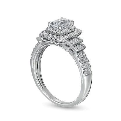 1.2 CT. TW Emerald-Cut Diamond Frame Vintage-Style Tiered Shank Engagement Ring in 14K White Gold (I/I1)