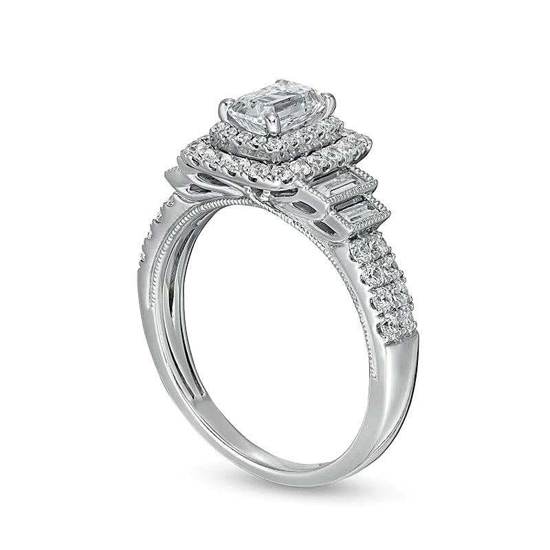 1.2 CT. TW Emerald-Cut Diamond Frame Vintage-Style Tiered Shank Engagement Ring in 14K White Gold (I/I1)