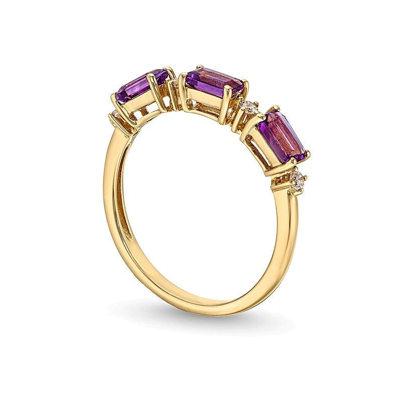 Sideways Emerald-Cut Amethyst and 0.07 CT. TW Diamond Alternating Three Stone Ring in 10K Gold