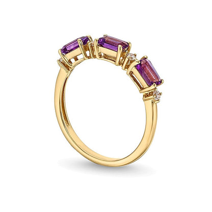Sideways Emerald-Cut Amethyst and 0.07 CT. TW Diamond Alternating Three Stone Ring in 10K Gold