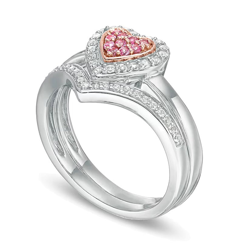 Composite Lab-Created Pink and White Sapphire Heart Frame Bridal Set in Sterling Silver and 10K Rose Gold