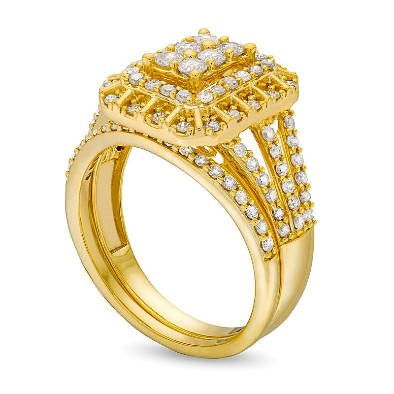 1.0 CT. TW Emerald Multi-Diamond Triple Row Split Shank Bridal Set in 10K Gold