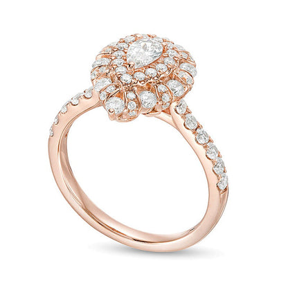 1.0 CT. TW Pear-Shaped Diamond Double Frame Art Deco Engagement Ring in 14K Rose Gold