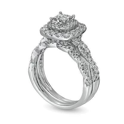 1.0 CT. TW Quad Princess-Cut Diamond Double Cushion-Shaped Frame Twist Shank Bridal Set in 14K White Gold