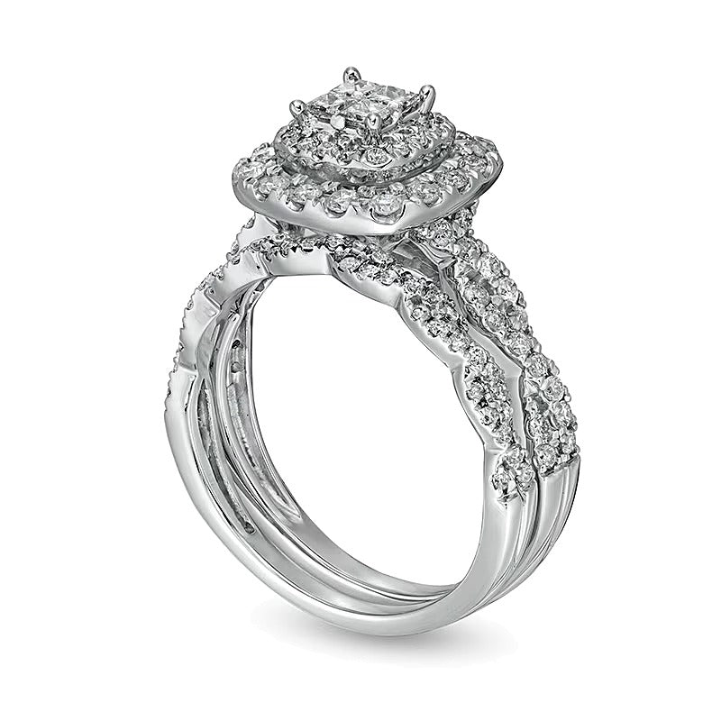 1.0 CT. TW Quad Princess-Cut Diamond Double Cushion-Shaped Frame Twist Shank Bridal Set in 14K White Gold