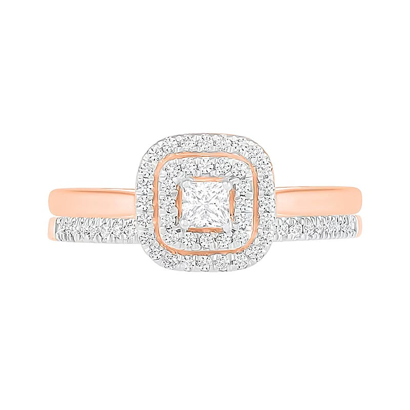 0.38 CT. TW Princess-Cut Diamond Double Cushion Frame Bridal Set in 10K Rose Gold