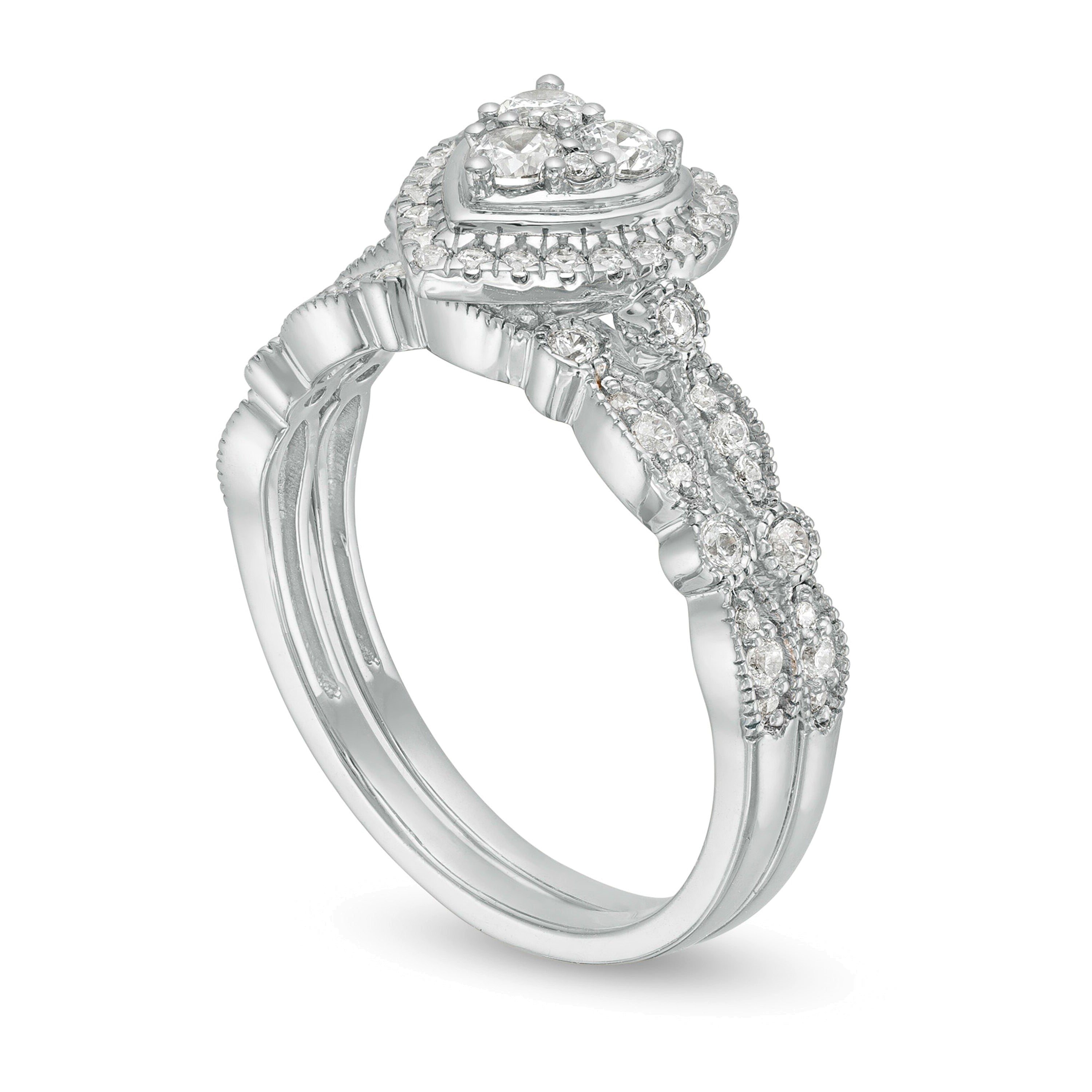 0.5 CT. TW Multi-Diamond Heart Frame Alternating Marquise Vintage-Style Bridal Set in 10K White Gold