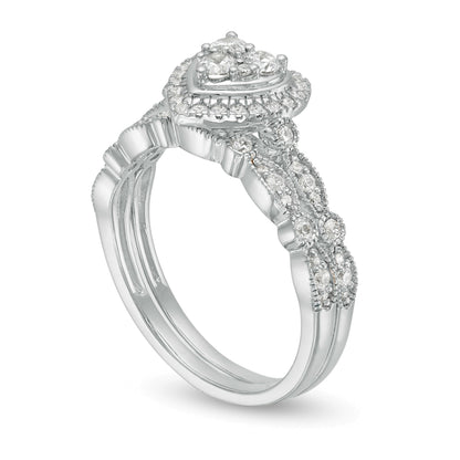 0.5 CT. TW Multi-Diamond Heart Frame Alternating Marquise Vintage-Style Bridal Set in 10K White Gold