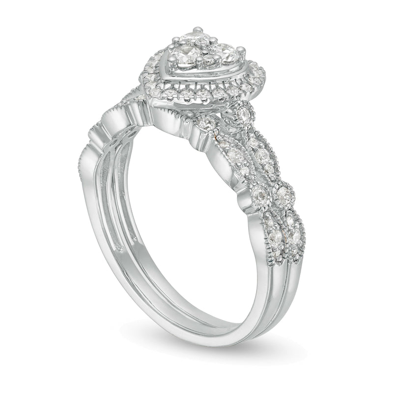 0.5 CT. TW Multi-Diamond Heart Frame Alternating Marquise Vintage-Style Bridal Set in 10K White Gold