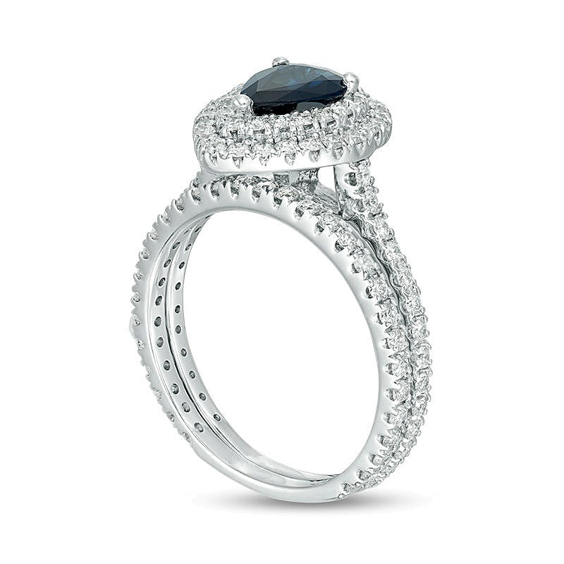 Pear-Shaped Blue Sapphire and 1.0 CT. TW Diamond Double Frame Bridal Set in 14K White Gold