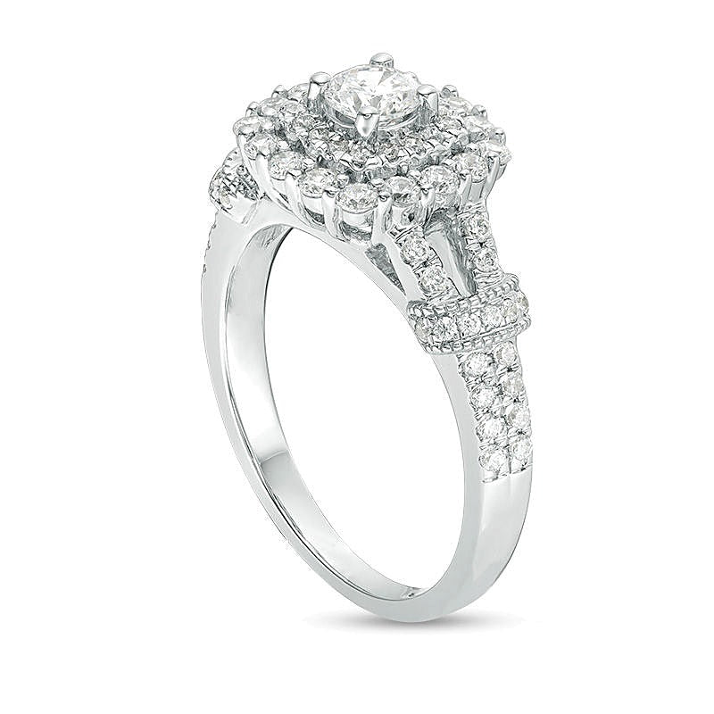 1.0 CT. TW Diamond Double Cushion Frame Collar Vintage-Style Engagement Ring in 14K White Gold