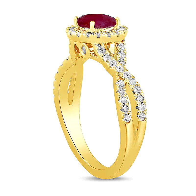 6.0mm Ruby and 0.5 CT. TW Lab-Grown Diamond Frame Crossover Shank Ring in 14K Gold