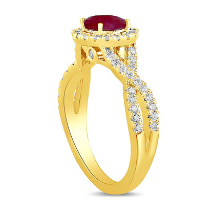 6.0mm Ruby and 0.5 CT. TW Lab-Grown Diamond Frame Crossover Shank Ring in 14K Gold