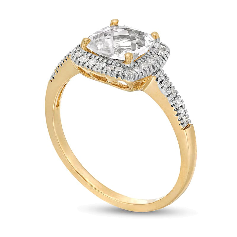 7.0mm Checkerboard Cushion-Shaped White Lab-Created Sapphire and 0.2 CT. TW Diamond Frame PavÃ© Ring in 10K Gold