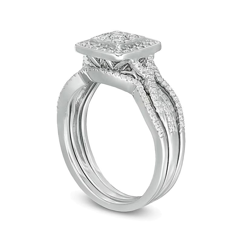 0.63 CT. TW Composite Diamond Square Frame Twist Shank Three Piece Bridal Set in Sterling Silver
