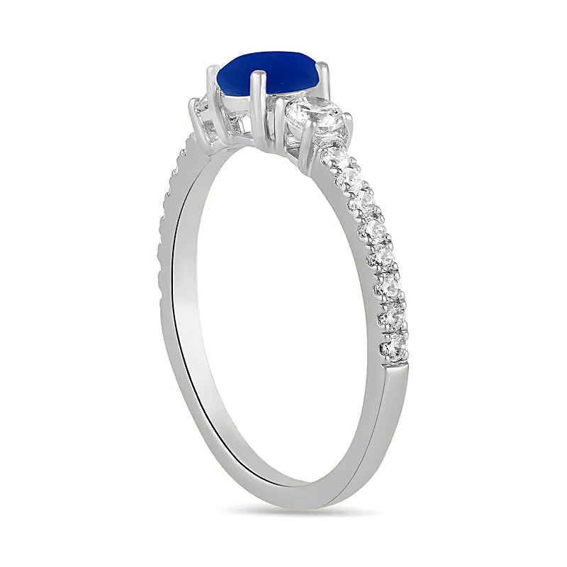 5.0mm Blue Sapphire and 0.38 CT. TW Lab-Grown Diamond Three Stone Ring in 14K White Gold