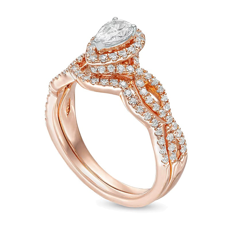 1.0 CT. TW Pear-Shaped Diamond Frame Twist Split Shank Bridal Set in 14K Rose Gold