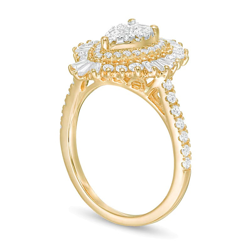 1.5 CT. TW Composite Diamond Teardrop Starburst Frame Ring in 14K Gold