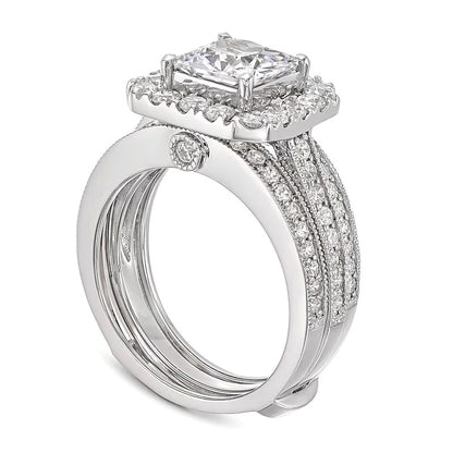 3.38 CT. TW Princess-Cut Lab-Grown Diamond Cushion-Shaped Frame Bridal Set in 14K White Gold (F/VS2)
