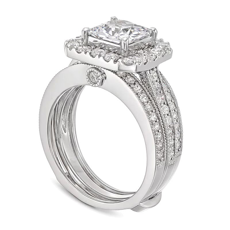 3.38 CT. TW Princess-Cut Lab-Grown Diamond Cushion-Shaped Frame Bridal Set in 14K White Gold (F/VS2)
