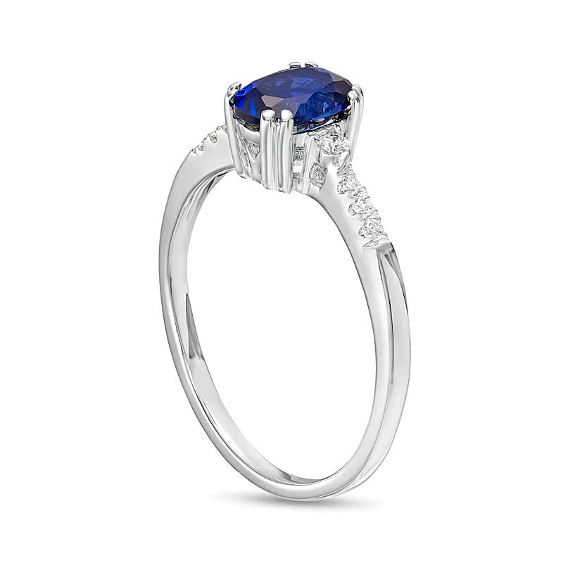 Oval Blue Lab-Created Sapphire and 0.1 CT. TW Diamond Ring in 10K White Gold