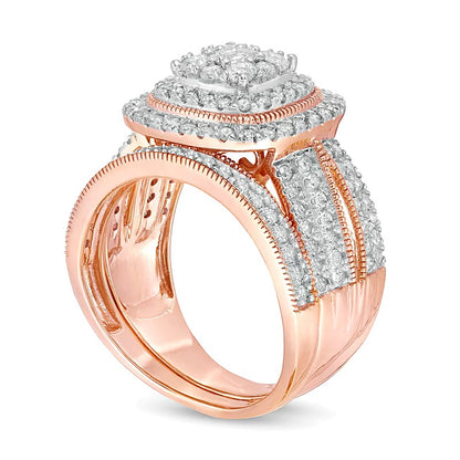 1.33 CT. TW Multi-Diamond Cushion Frame Vintage-Style Bridal Set in 10K Rose Gold