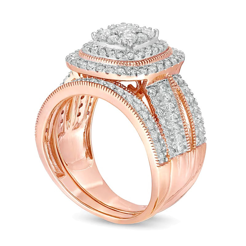 1.33 CT. TW Multi-Diamond Cushion Frame Vintage-Style Bridal Set in 10K Rose Gold