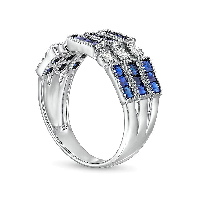 Baguette-Cut Blue Sapphire and 0.2 CT. TW Diamond Vintage-Style Stacked Triple Row Ring in 14K White Gold