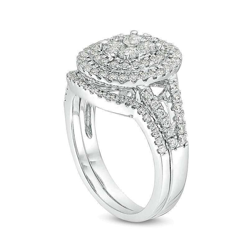 1.13 CT. TW Quad Diamond Double Oval Frame Bridal Set in 10K White Gold