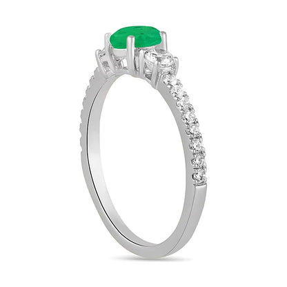 5.0mm Emerald and 0.38 CT. TW Lab-Grown Diamond Three Stone Ring in 14K White Gold