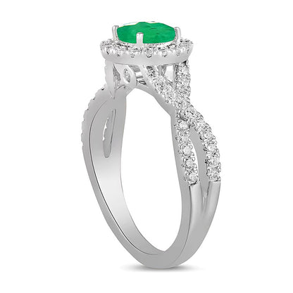 6.0mm Emerald and 0.5 CT. TW Lab-Grown Diamond Frame Crossover Shank Ring in 14K White Gold