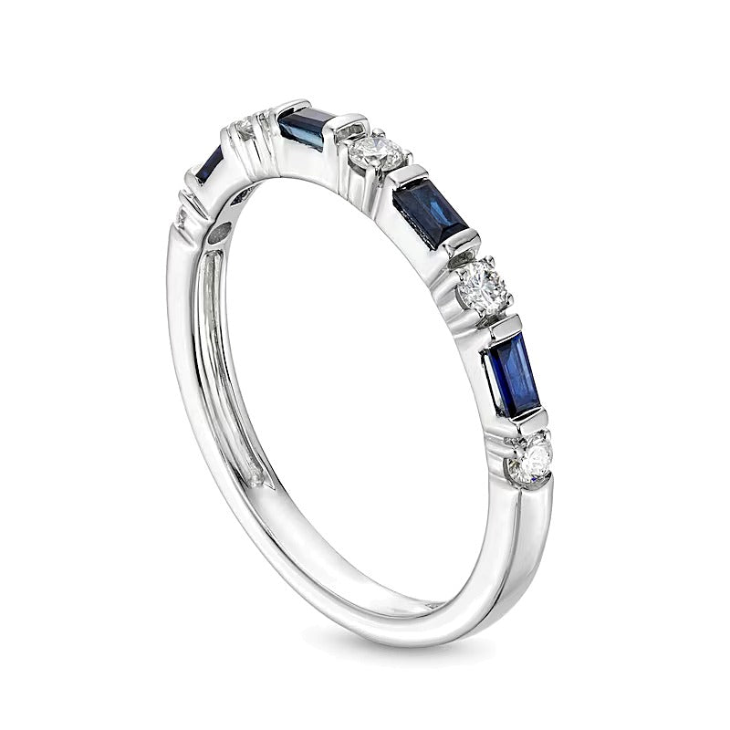 Alternating Baguette-Cut Blue Sapphire and 0.17 CT. TW Diamond Station Band in 10K White Gold